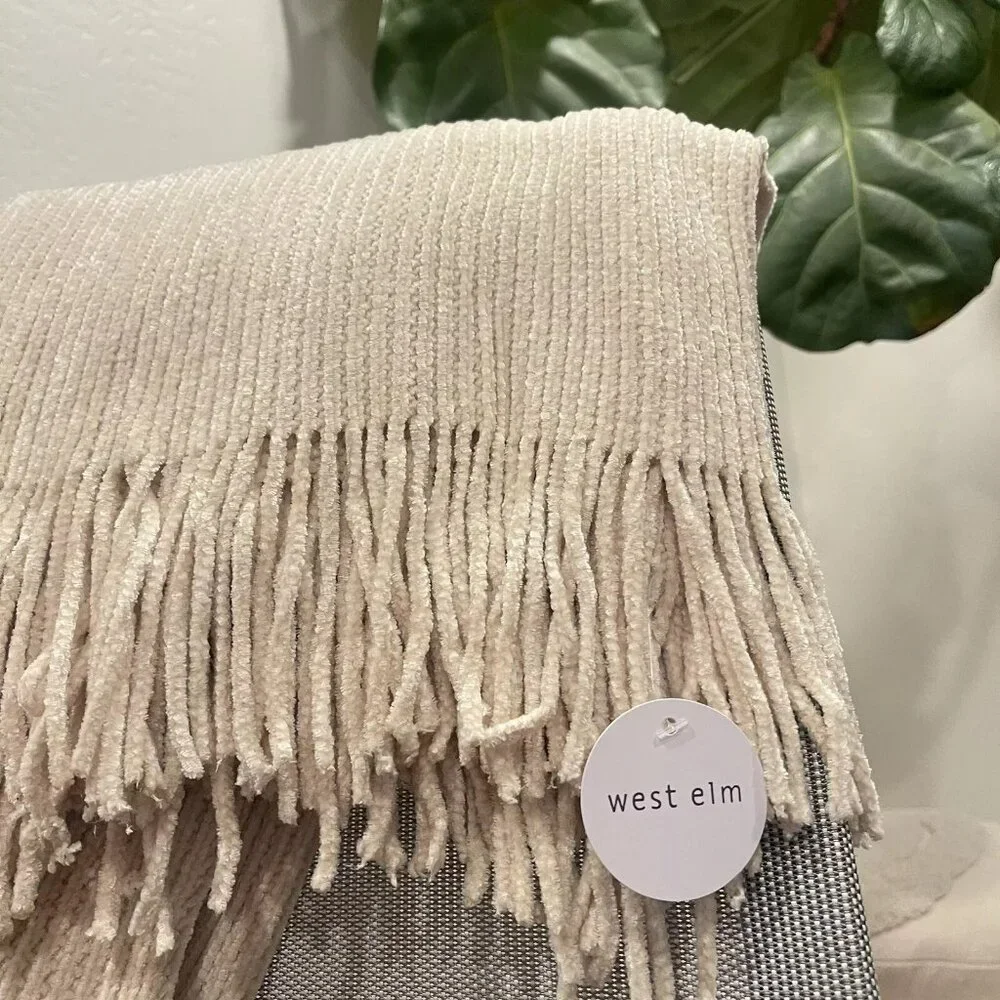 NEW West Elm Boho Cream Ivory Tassel Chenille Knit Throw Blanket - 50